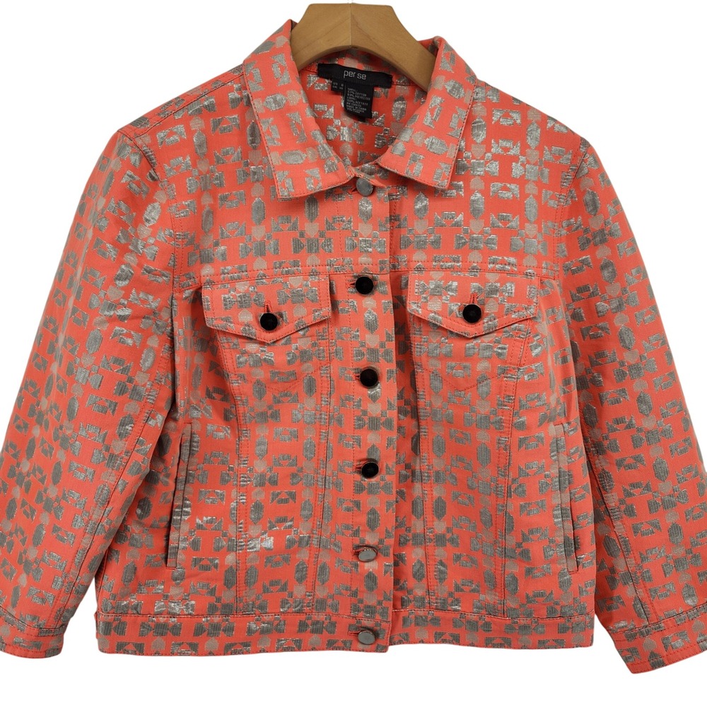 Per‎ Se Trucker Jacket Womens Size 8 Coral Metallic Jacquard Geometric Print